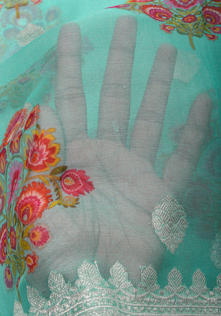 Cyan Pure Silk Banarasi Chiffon Saree with Digital Floral Printing and Zari Buttas | SILK MARK CERTIFIED