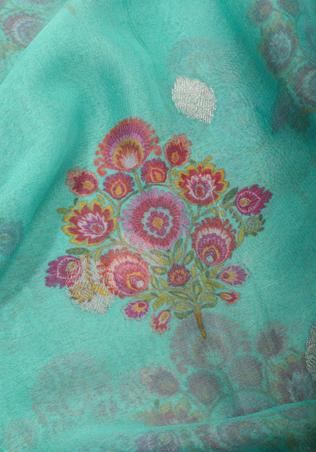 Cyan Pure Silk Banarasi Chiffon Saree with Digital Floral Printing and Zari Buttas | SILK MARK CERTIFIED