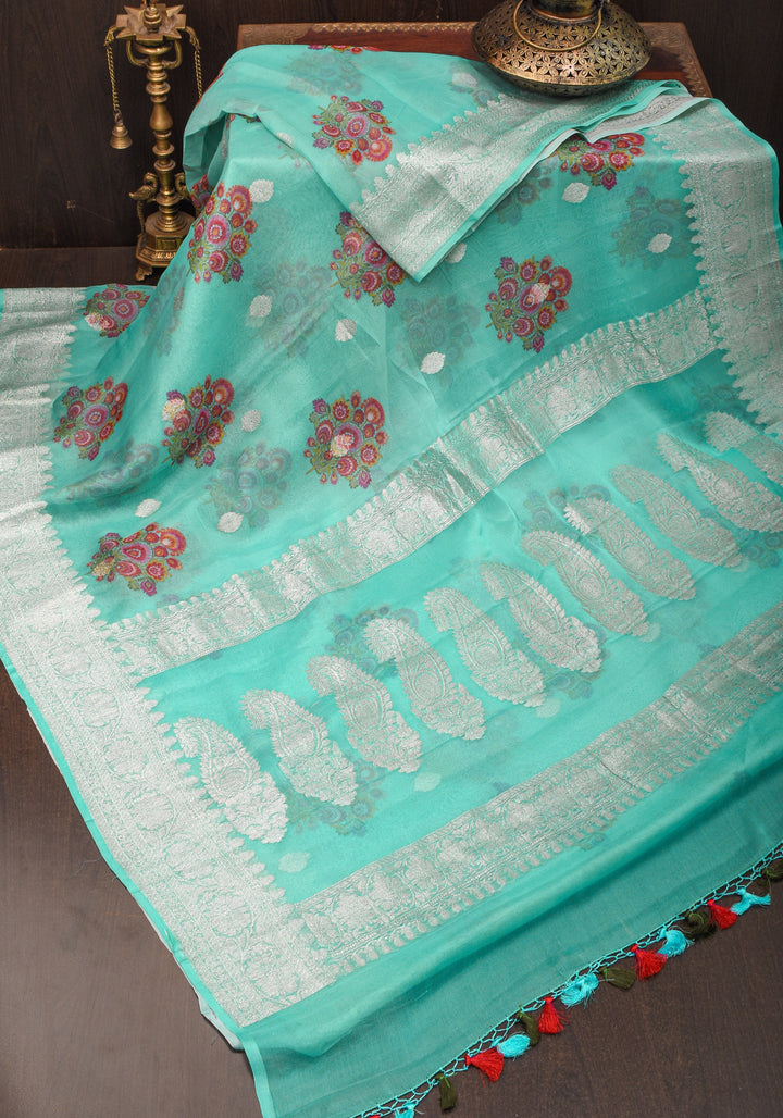 Cyan Pure Silk Banarasi Chiffon Saree with Digital Floral Printing and Zari Buttas | SILK MARK CERTIFIED