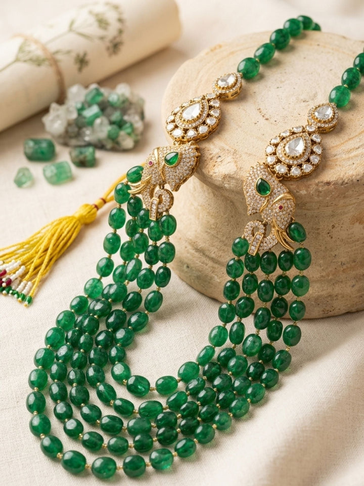 Emerald Green Beaded Polki Layered Necklace  | SHOBITAM
