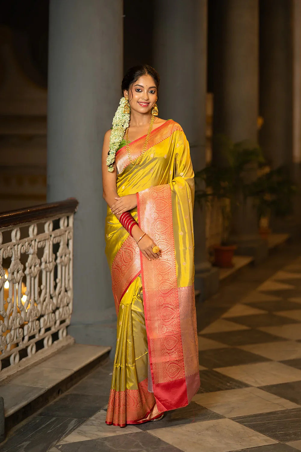 Handloom Green & Red Pure Silk Zari Banarasi Saree | SILK MARK CERTIFIED | SHOBITAM
