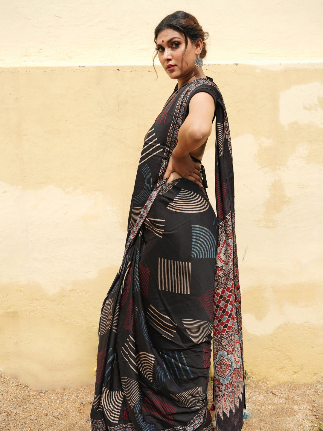Black Hand Block Print on Modal Silk Saree with Ajrakh Pallu