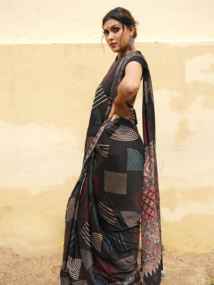Black Hand Block Print on Modal Silk Saree with Ajrakh Pallu