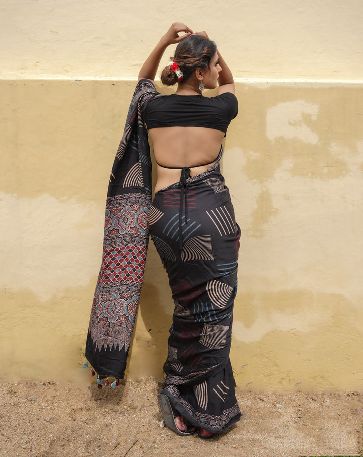 Black Hand Block Print on Modal Silk Saree with Ajrakh Pallu