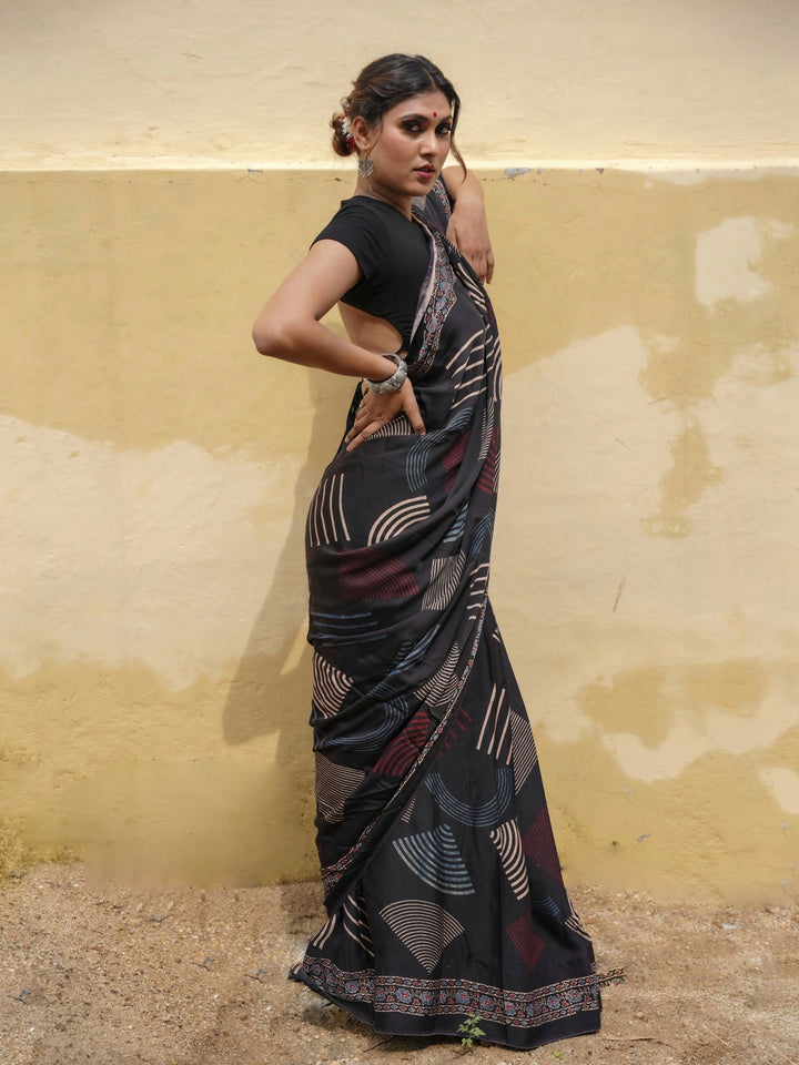 Black Hand Block Print on Modal Silk Saree with Ajrakh Pallu