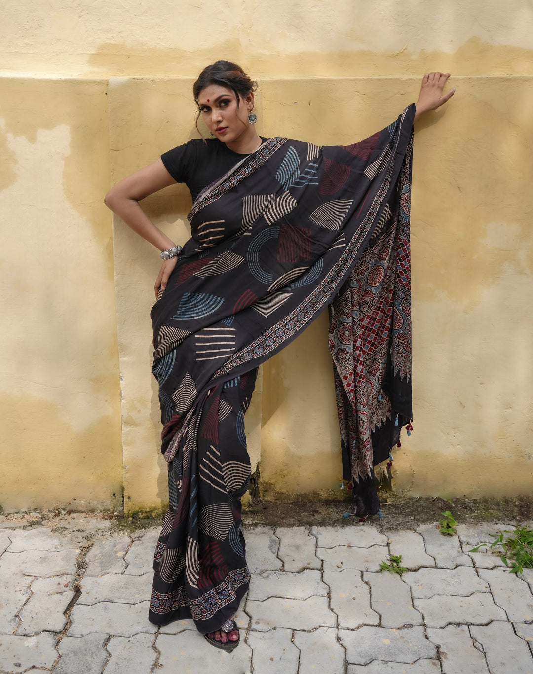 Black Hand Block Print on Modal Silk Saree with Ajrakh Pallu
