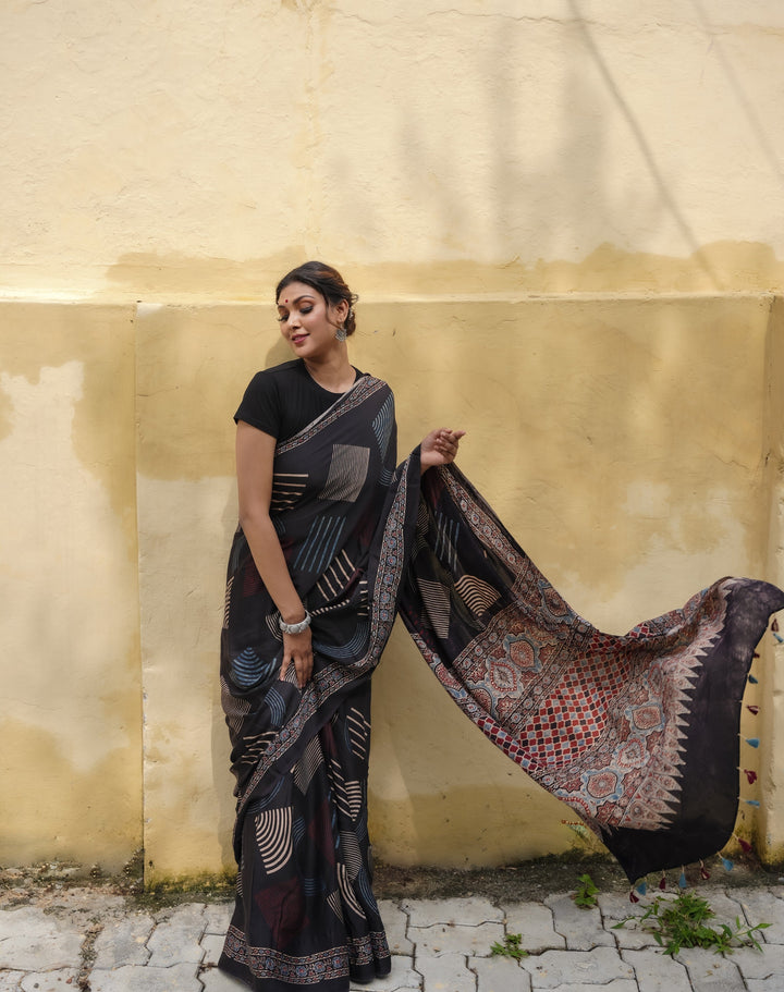 Black Hand Block Print on Modal Silk Saree with Ajrakh Pallu