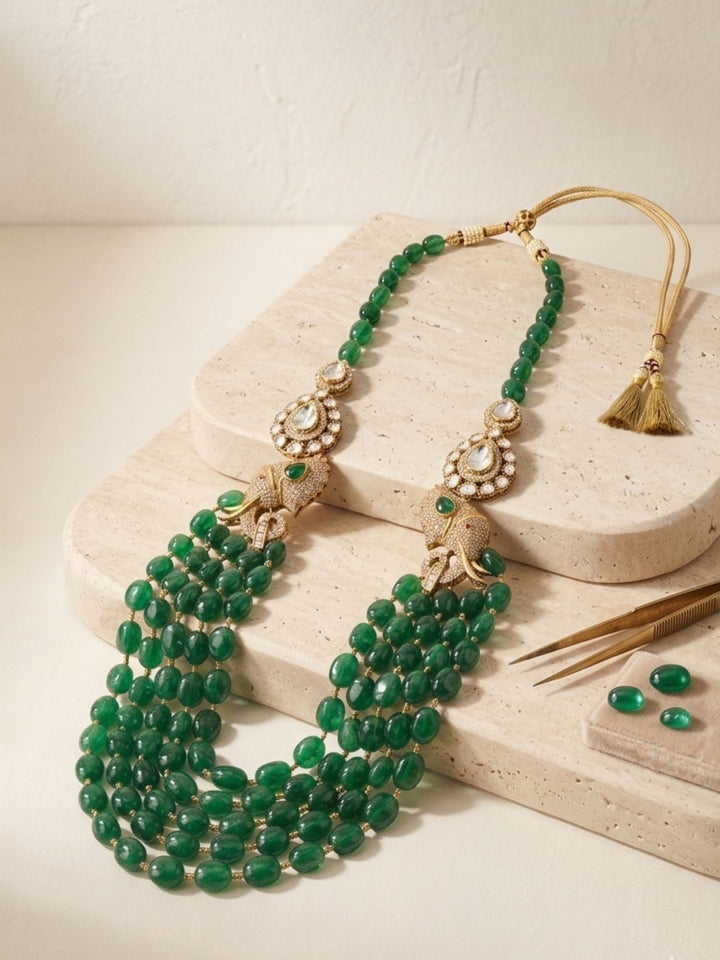 Emerald Green Beaded Polki Layered Necklace  | SHOBITAM