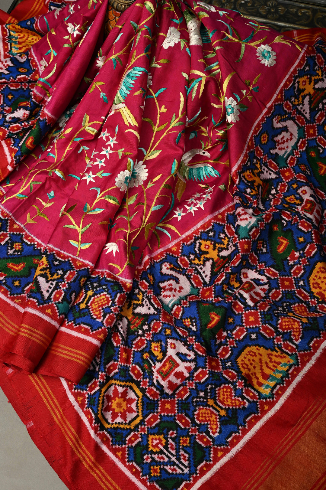 Rani Pink  Jugalbandi Patan Patola Double Ikkat Pure Silk Saree With Parsi Gara Hand Embroidery | SILK MARK CERTIFIED | SHOBITAM