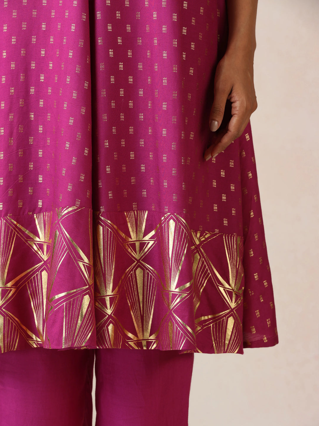 Pink Gold Foil Print Muslin Silk Flared Kurta Set| SHOBITAM