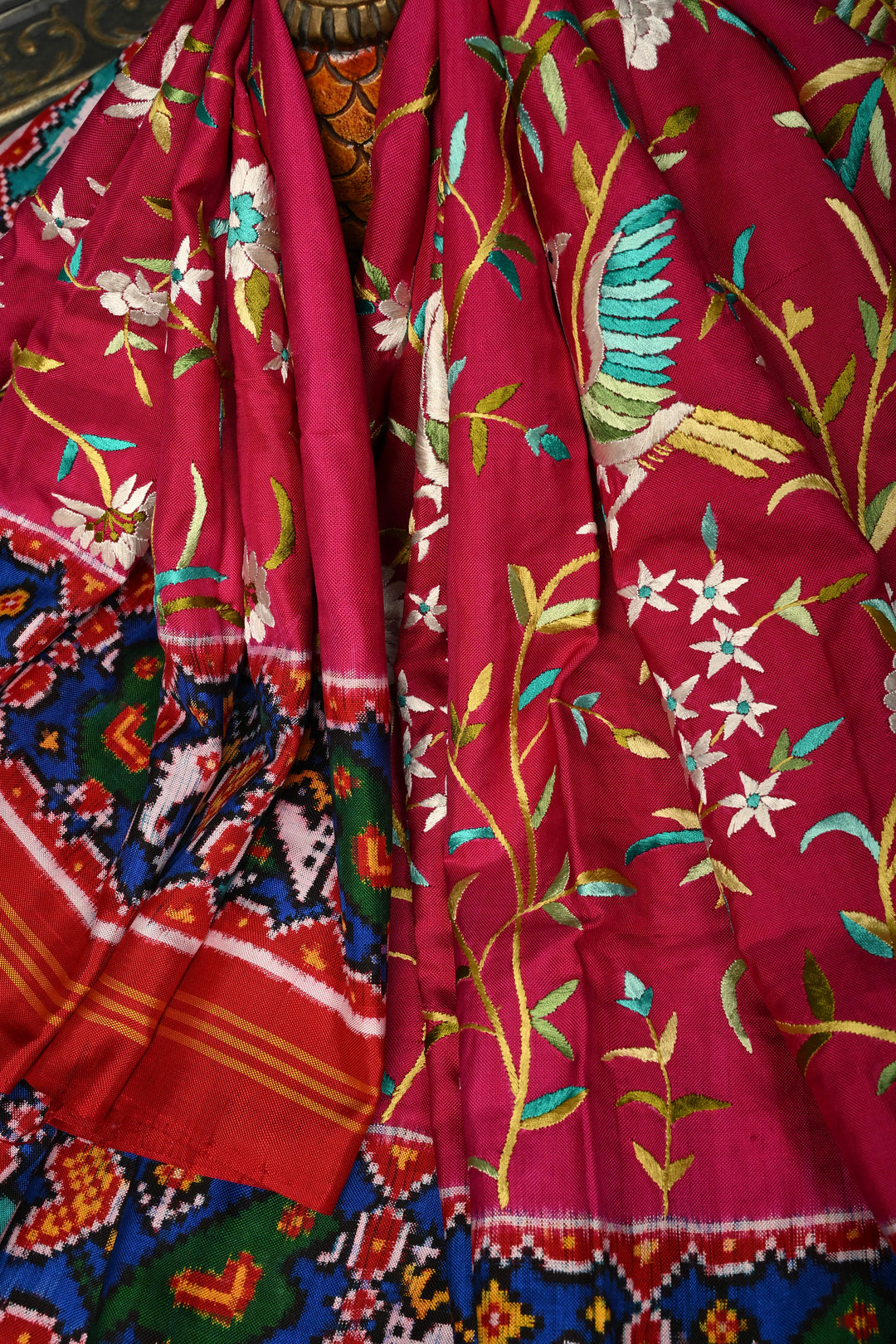Rani Pink  Jugalbandi Patan Patola Double Ikkat Pure Silk Saree With Parsi Gara Hand Embroidery | SILK MARK CERTIFIED | SHOBITAM