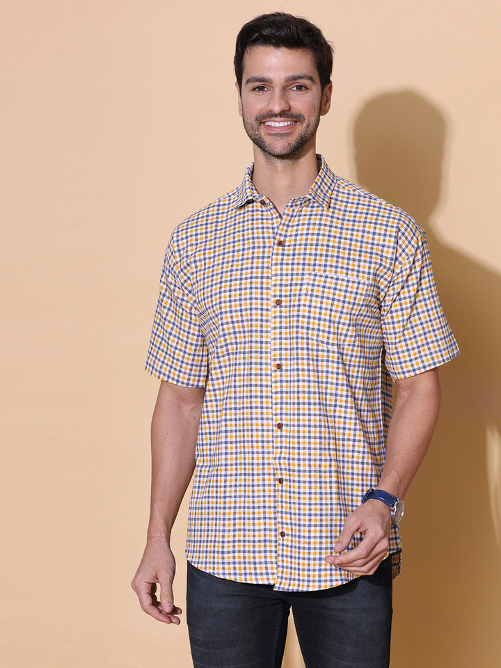 Mustered Yellow Classic Checkered Pure Khadi Half Sleeve Cotton Shirt |SHOBITAM