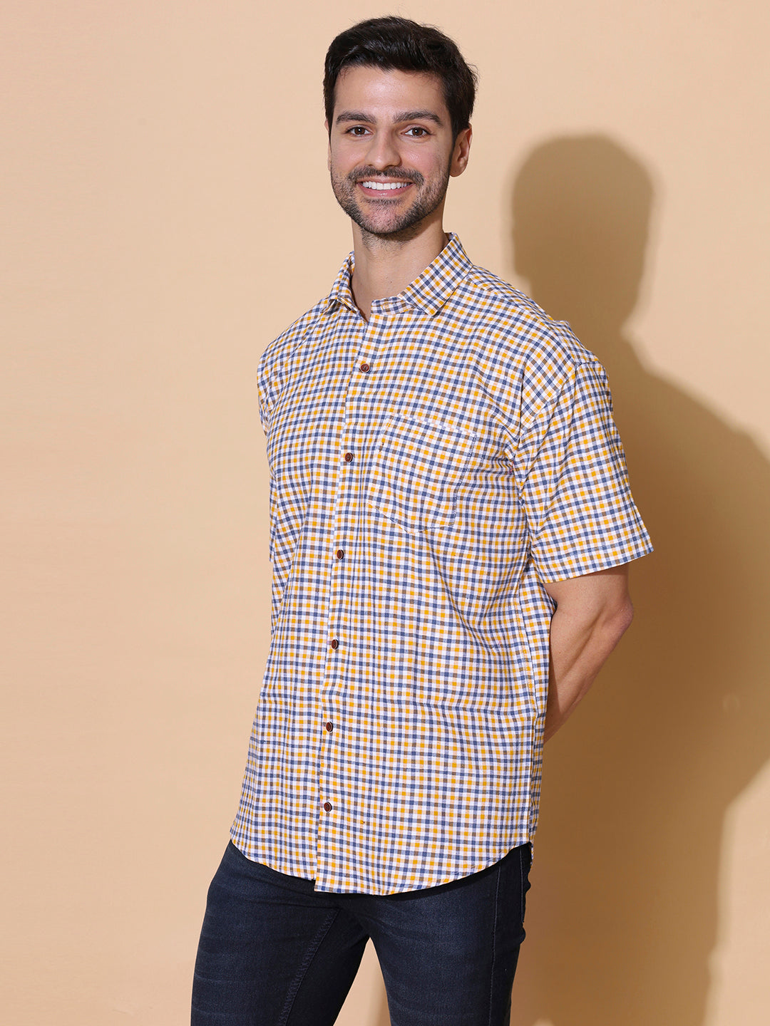 Mustered Yellow Classic Checkered Pure Khadi Half Sleeve Cotton Shirt |SHOBITAM
