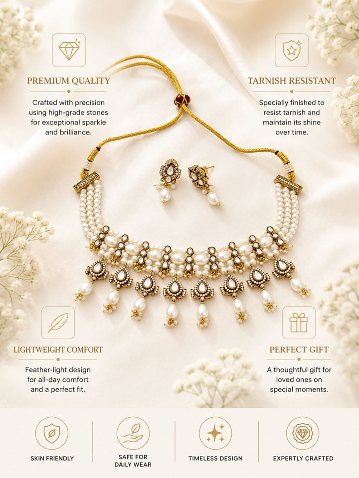Pearl Kundan Choker Set in Antique Oxidised Gold – Bridal | SHOBITAM
