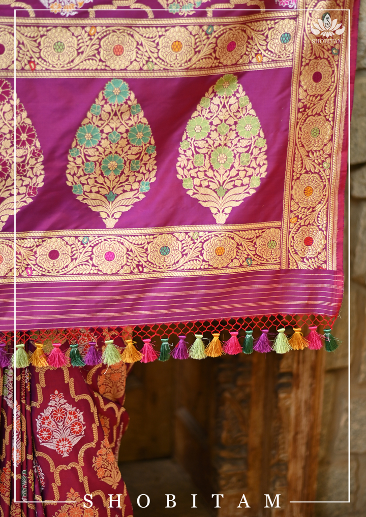 Authentic Kadhuwa Jungla Multi-color Meenakari Jaal Banarasi Silk Saree in Plum with Grand Pallu and Zari  | SILK MARK CERTIFIED