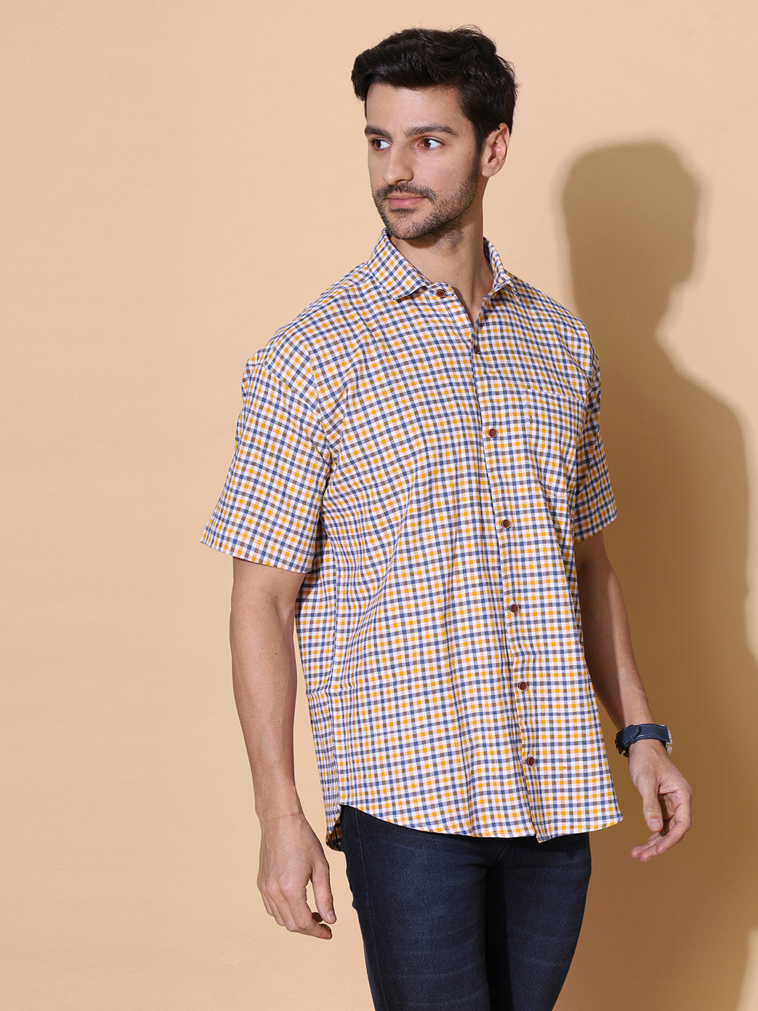 Mustered Yellow Classic Checkered Pure Khadi Half Sleeve Cotton Shirt |SHOBITAM