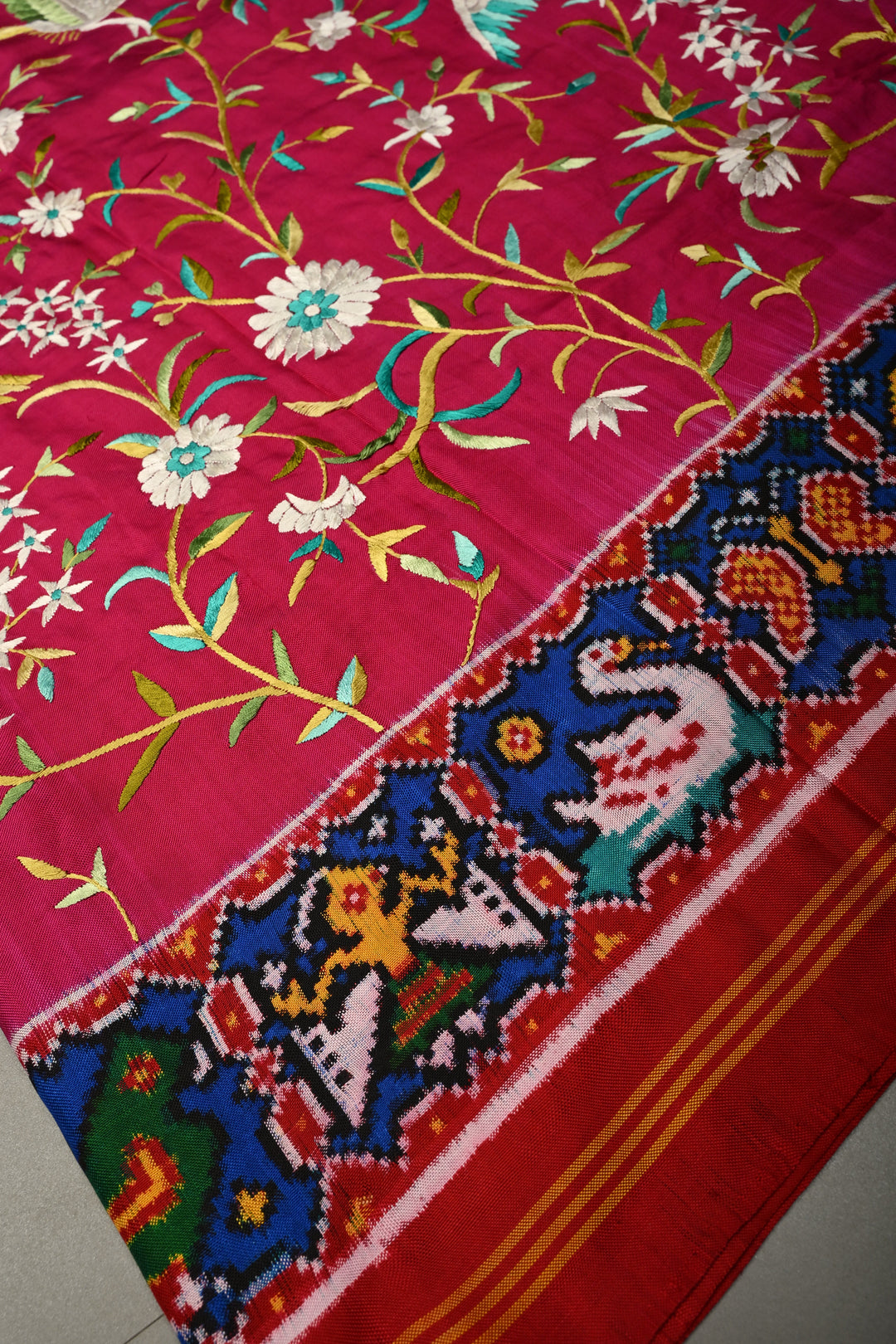 Rani Pink  Jugalbandi Patan Patola Double Ikkat Pure Silk Saree With Parsi Gara Hand Embroidery | SILK MARK CERTIFIED | SHOBITAM
