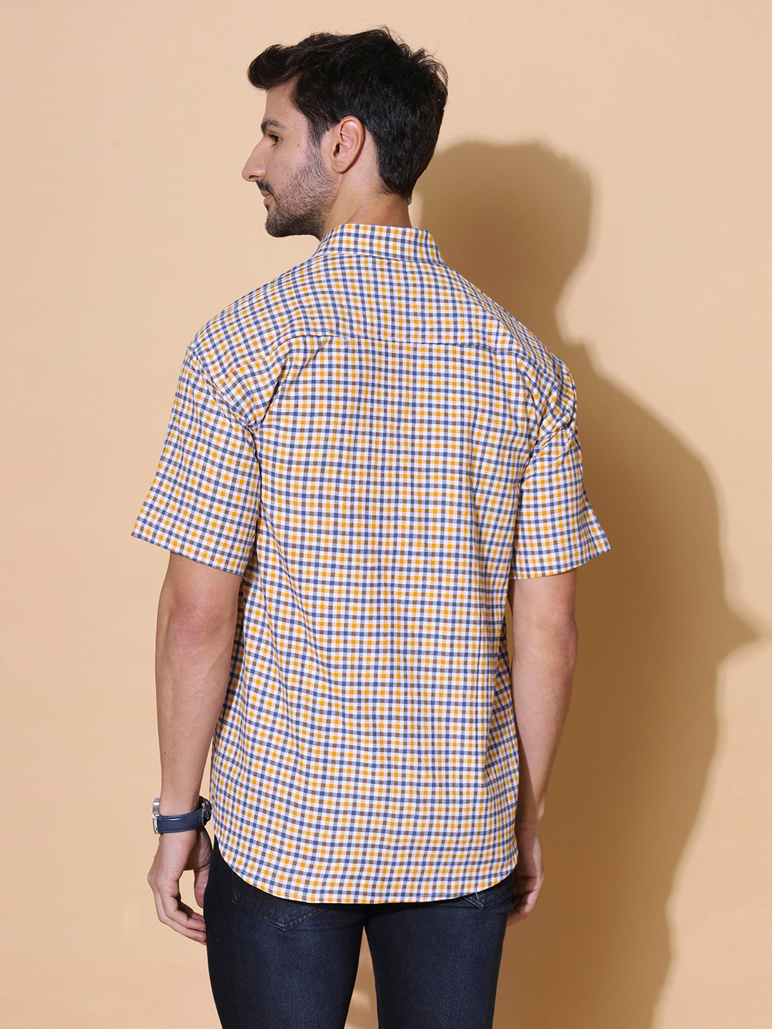 Mustered Yellow Classic Checkered Pure Khadi Half Sleeve Cotton Shirt |SHOBITAM