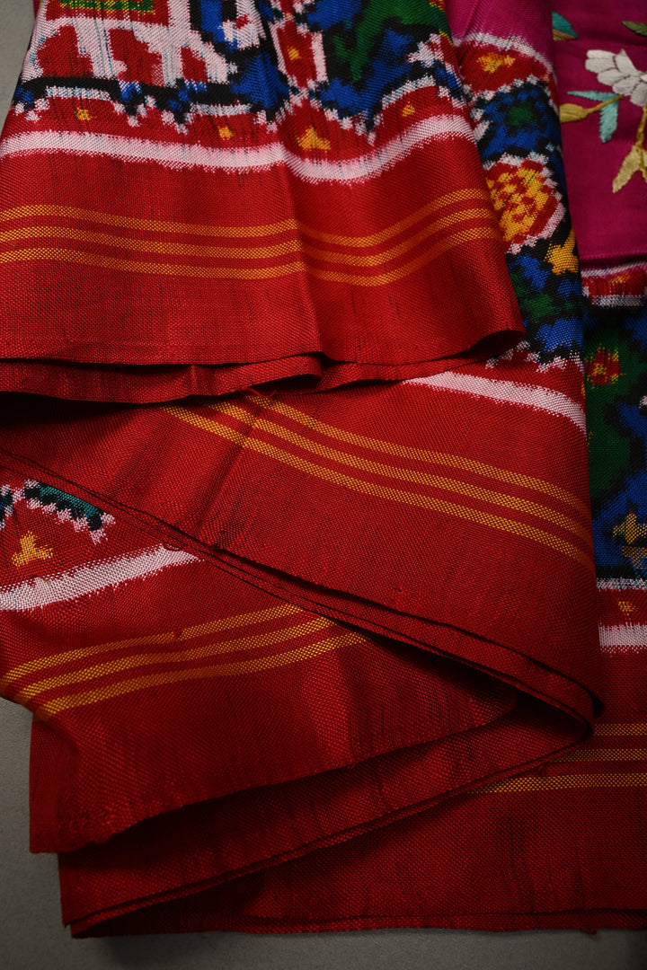 Rani Pink  Jugalbandi Patan Patola Double Ikkat Pure Silk Saree With Parsi Gara Hand Embroidery | SILK MARK CERTIFIED | SHOBITAM