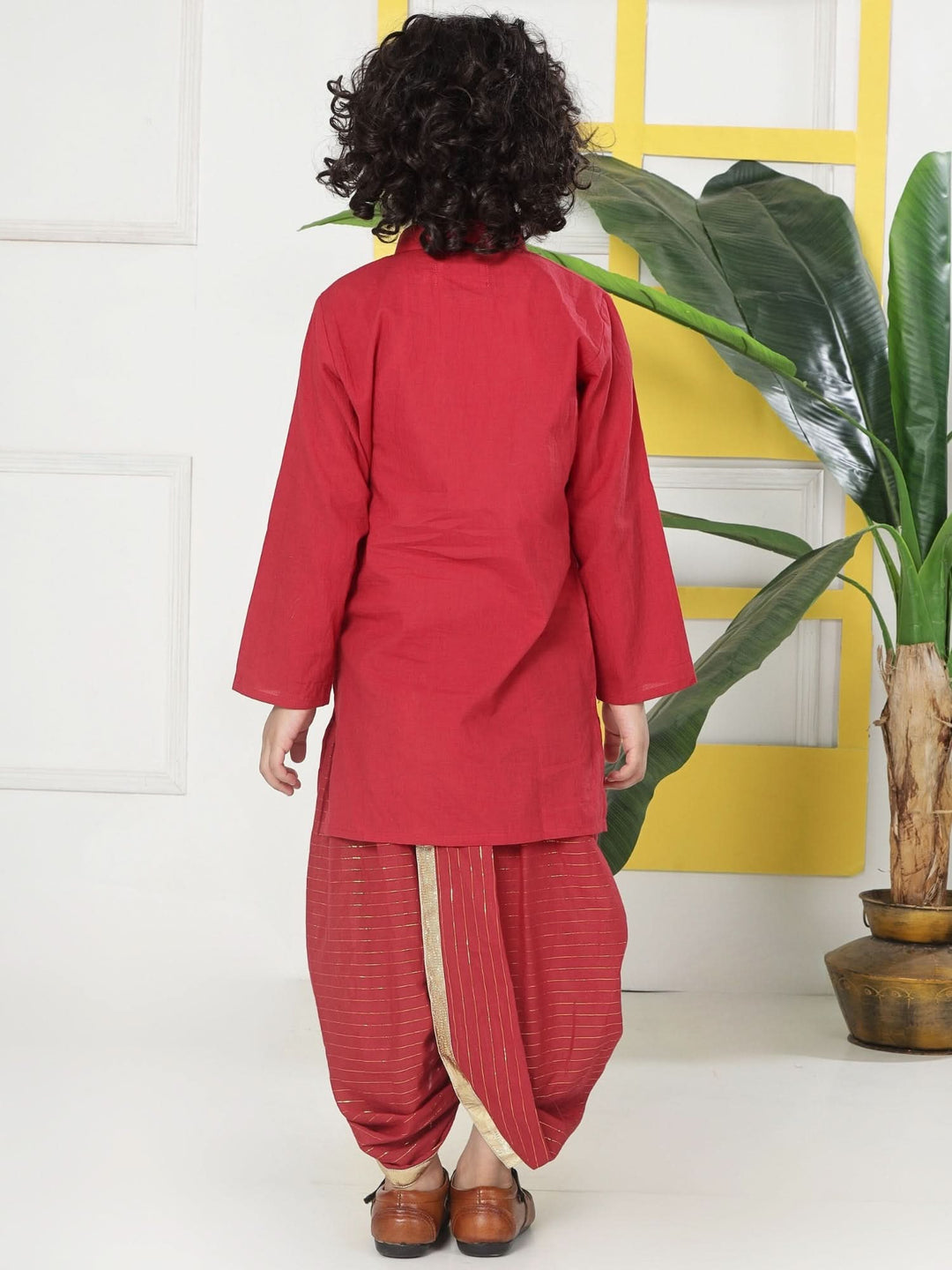 Red Minimal Zari Embroidery Cotton Kurta Dhoti set | SHOBITAM
