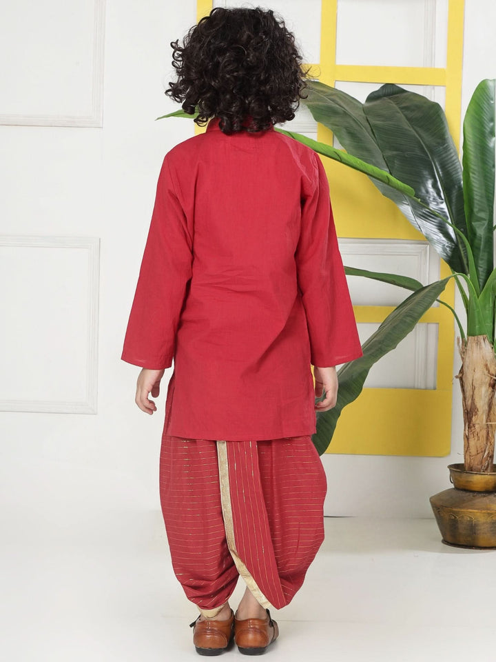 Red Minimal Zari Embroidery Cotton Kurta Dhoti set | SHOBITAM
