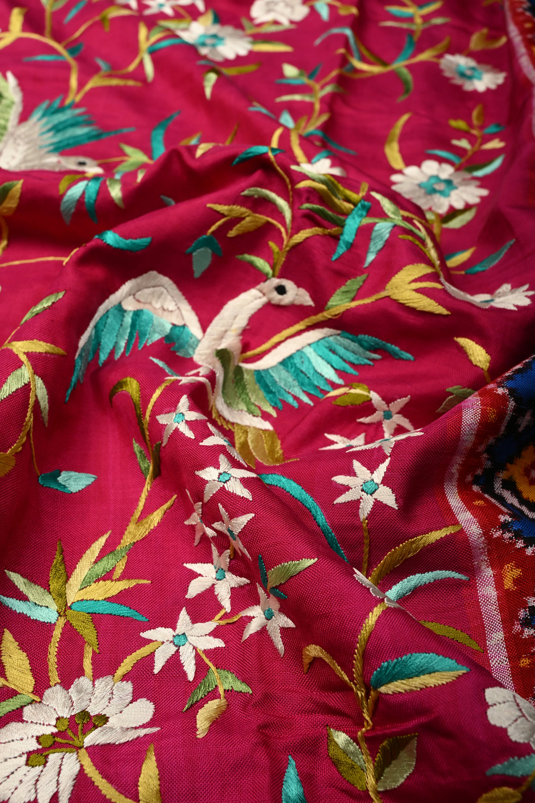 Rani Pink  Jugalbandi Patan Patola Double Ikkat Pure Silk Saree With Parsi Gara Hand Embroidery | SILK MARK CERTIFIED | SHOBITAM