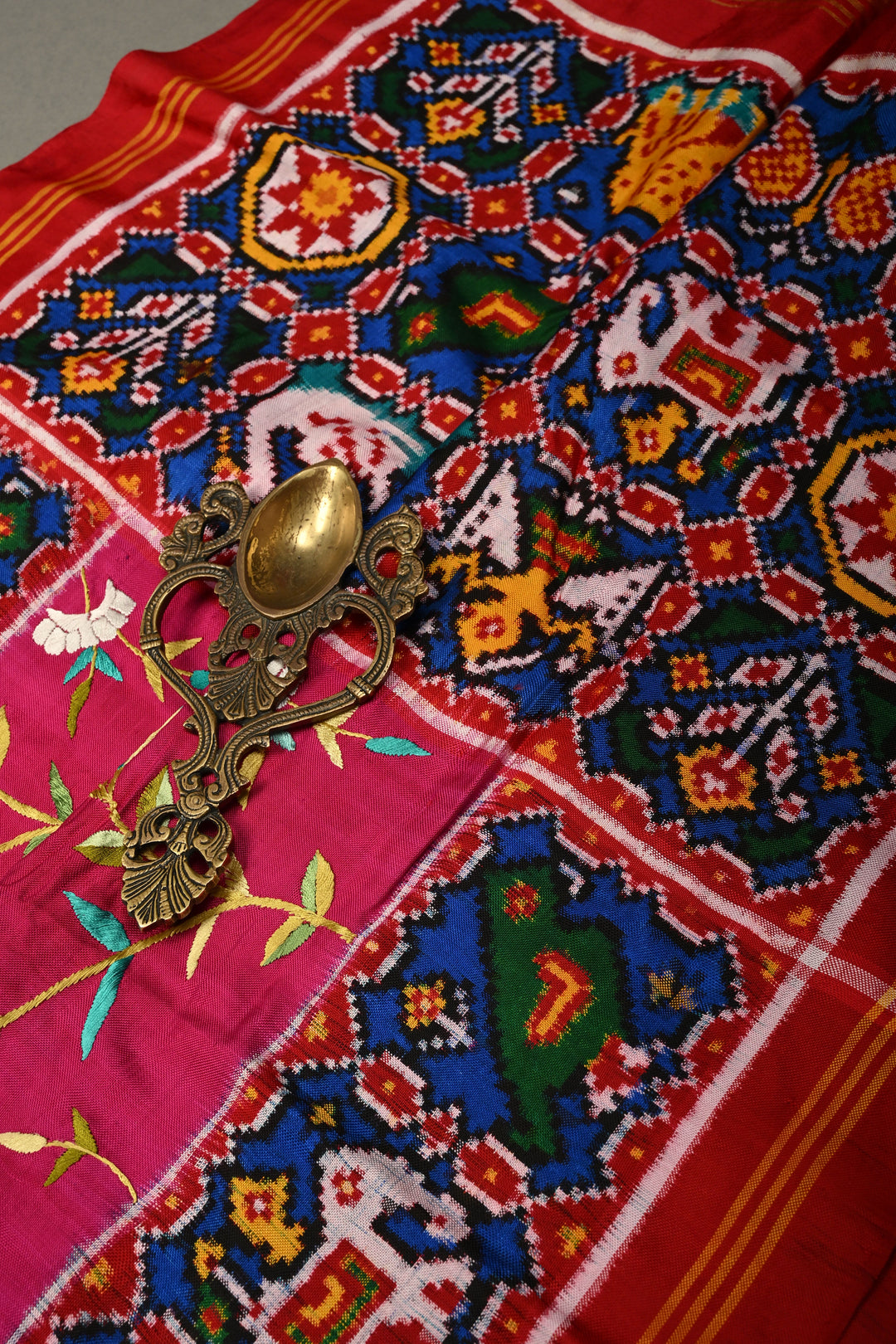 Rani Pink  Jugalbandi Patan Patola Double Ikkat Pure Silk Saree With Parsi Gara Hand Embroidery | SILK MARK CERTIFIED | SHOBITAM