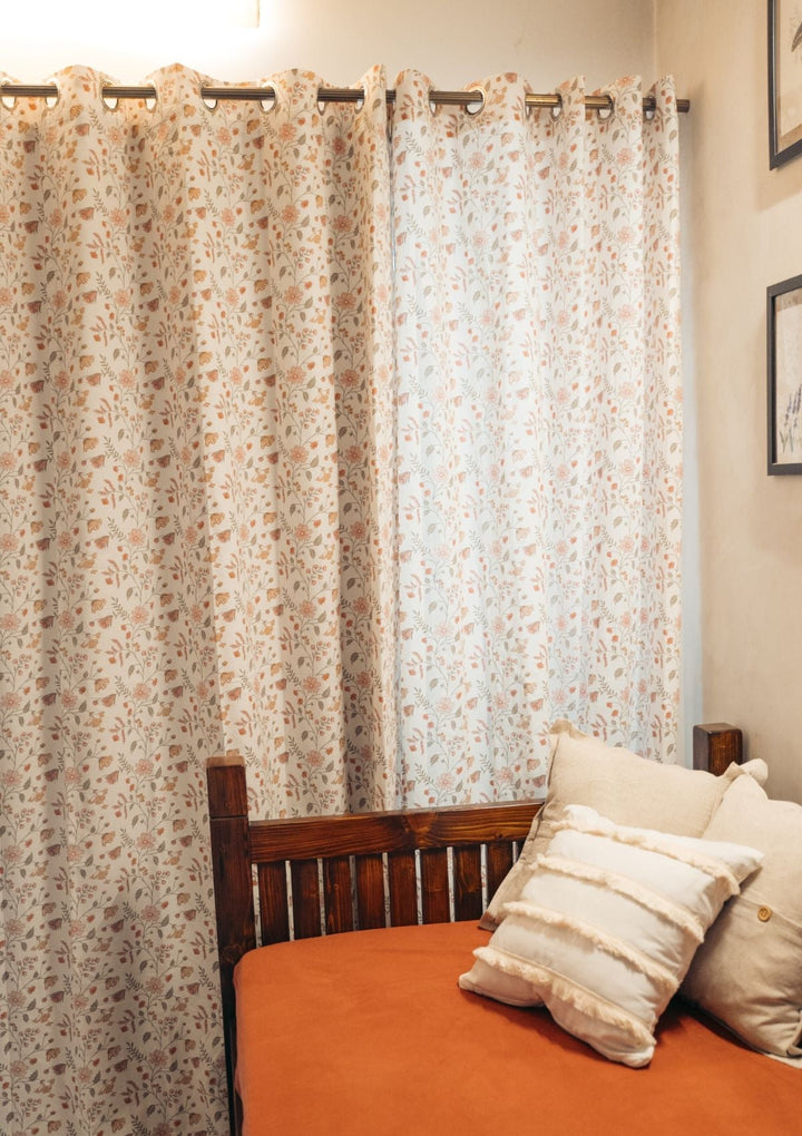 Forest bloom 100% cotton floral curtain for living room - Light Reduction - Orange - Single Piece | SHOBITAM