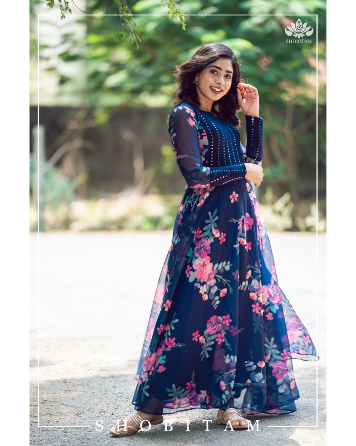 Floral Organza Navy Gown with foil mirror detailing on yoke | Made To Order