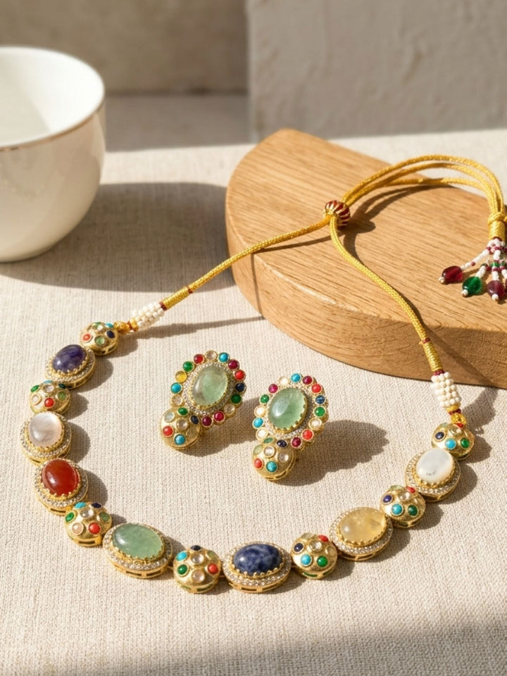 Navratna Kundan Necklace Set with Earrings | Shobitam
