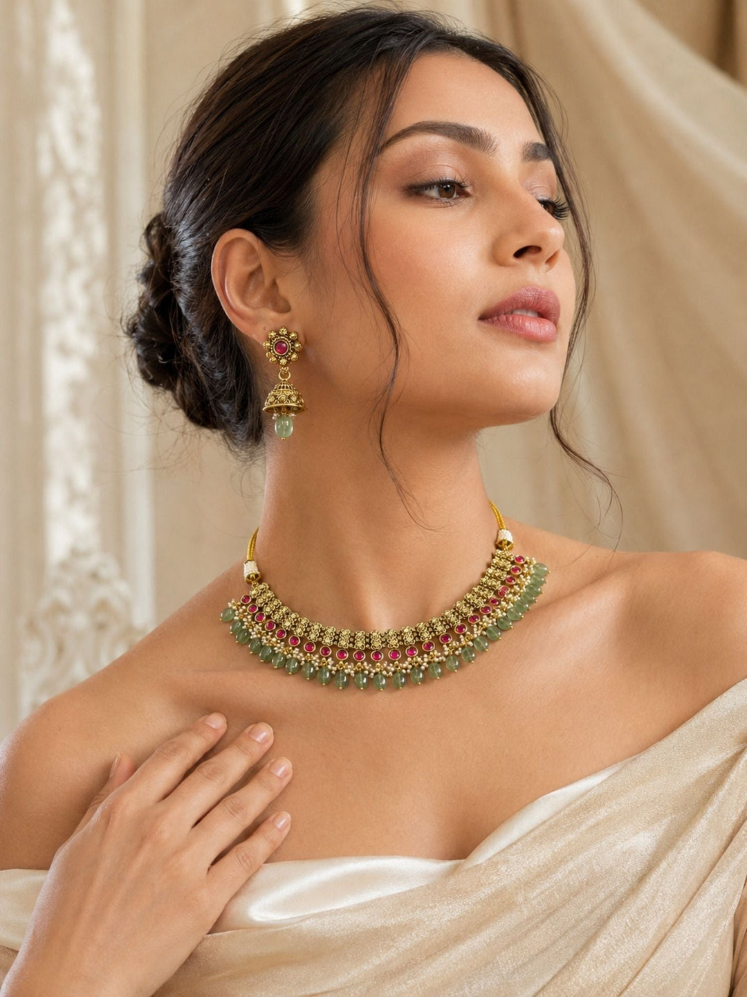 Temple Choker Necklace Set in Gold Plating – Bridal | SHOBITAM