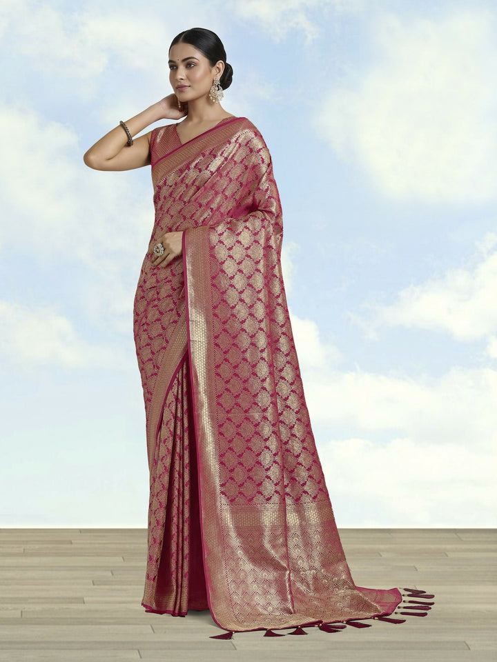 Dark Pink Banarasi Satin Silk Zari Weaving Work Saree | SHOBITAM