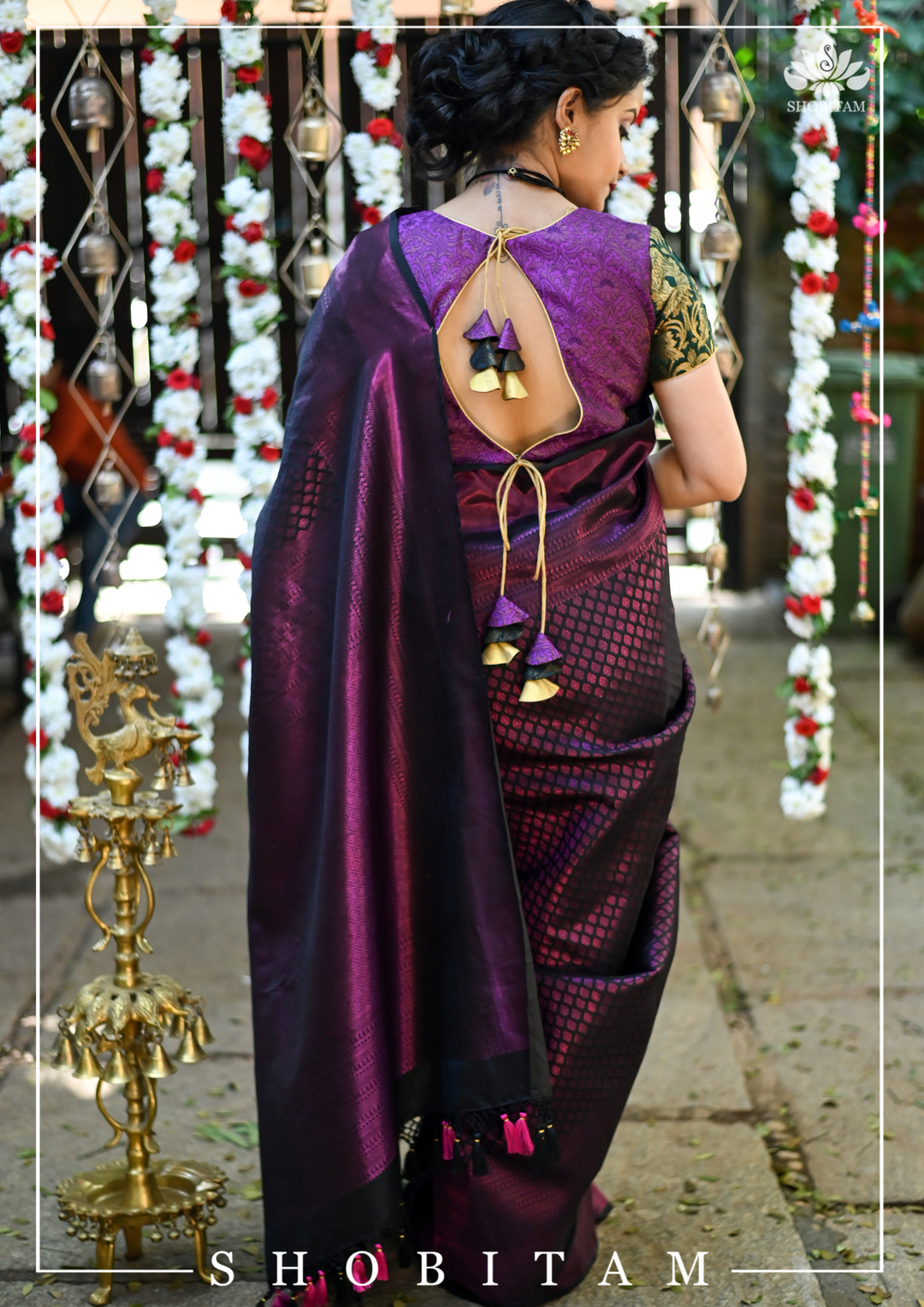 Purple and Black Banarasi Brocade Blouse with Tie back design | SHOBITAM