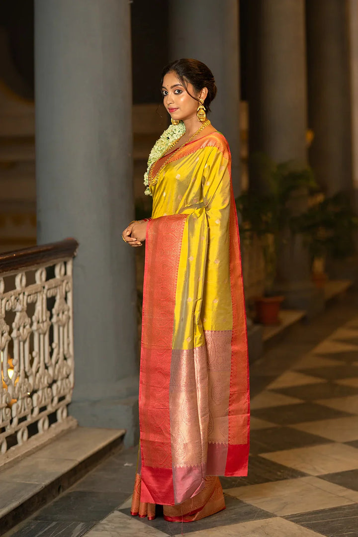 Handloom Green & Red Pure Silk Zari Banarasi Saree | SILK MARK CERTIFIED | SHOBITAM