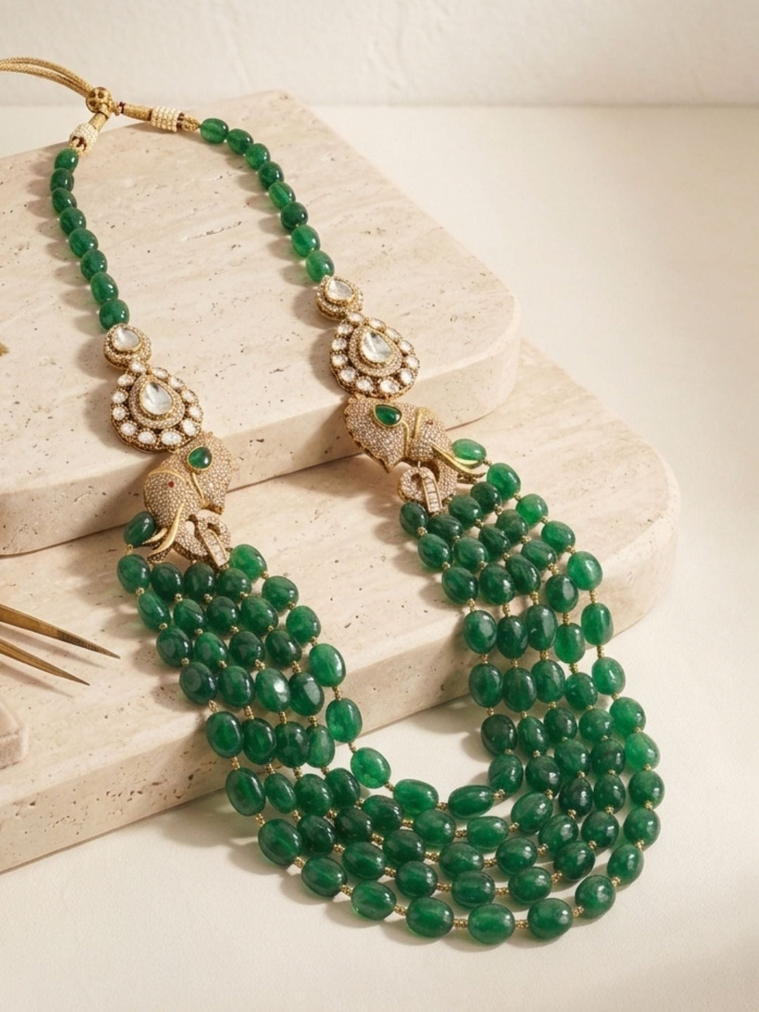 Emerald Green Beaded Polki Layered Necklace  | SHOBITAM