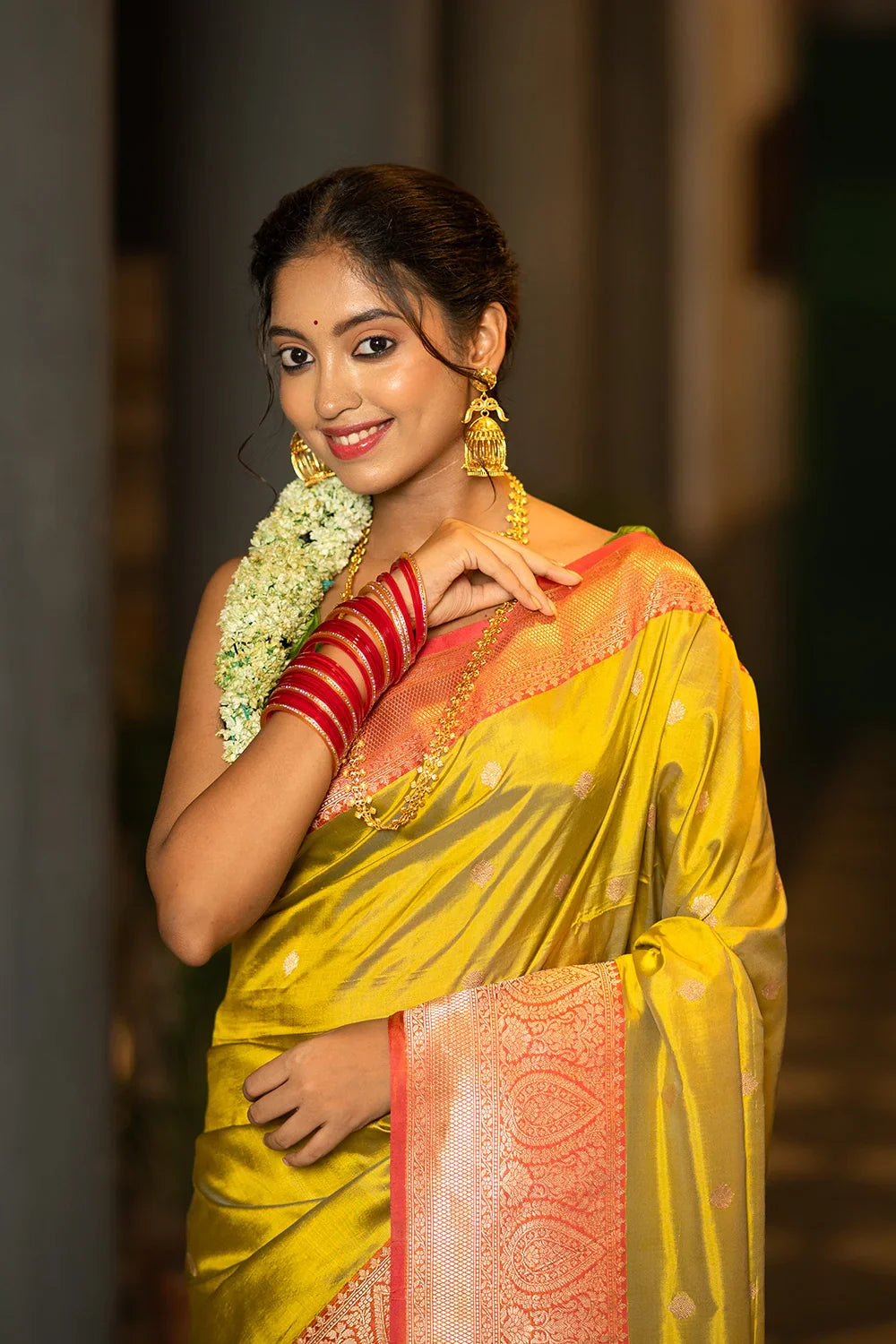 Handloom Green & Red Pure Silk Zari Banarasi Saree | SILK MARK CERTIFIED | SHOBITAM