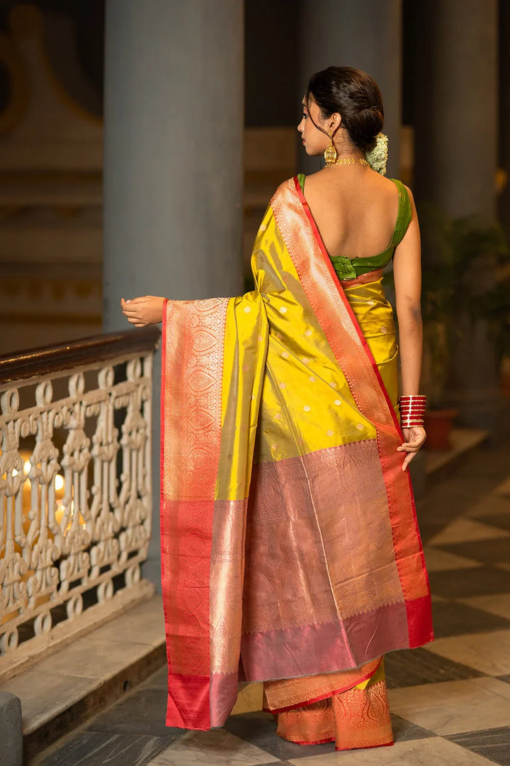 Handloom Green & Red Pure Silk Zari Banarasi Saree | SILK MARK CERTIFIED | SHOBITAM