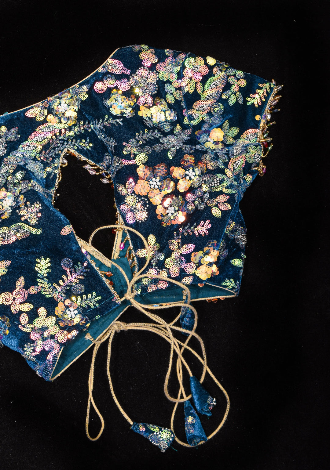 Teal Velvet 3D sequin arch back tie blouse with multicolor danglers,  Made to Order
