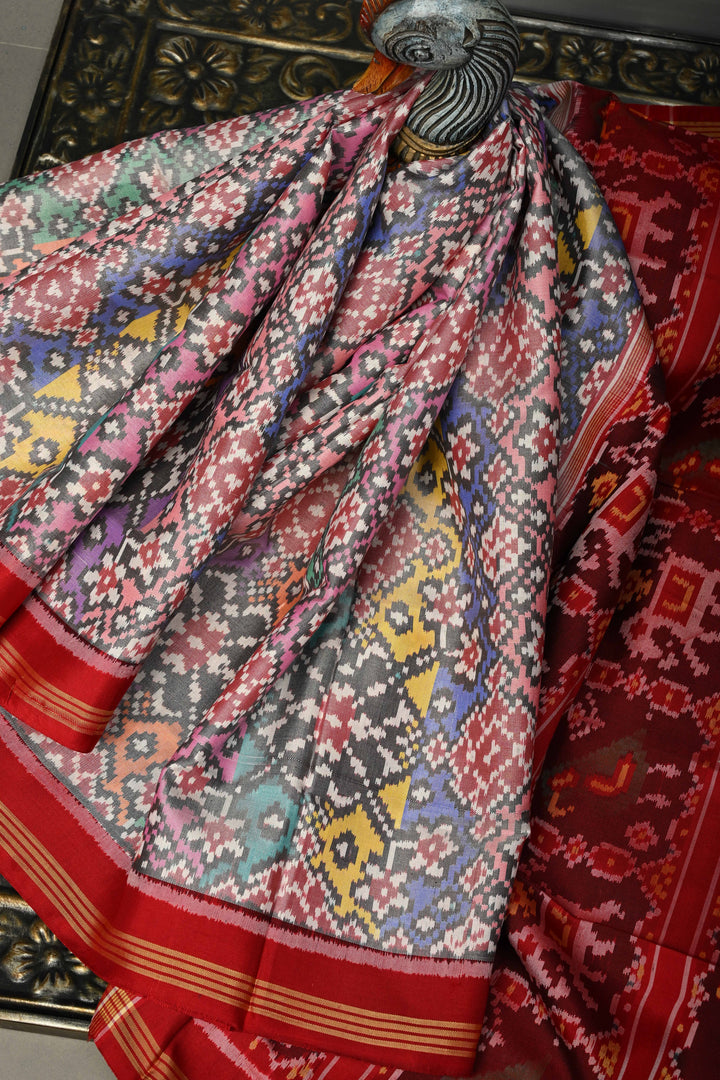 Multicolor Authentic Patan Patola Single Ikkat Pure Silk Saree With Rangkaat Design and Contrast Red Border| SILK MARK CERTIFIED | SHOBITAM