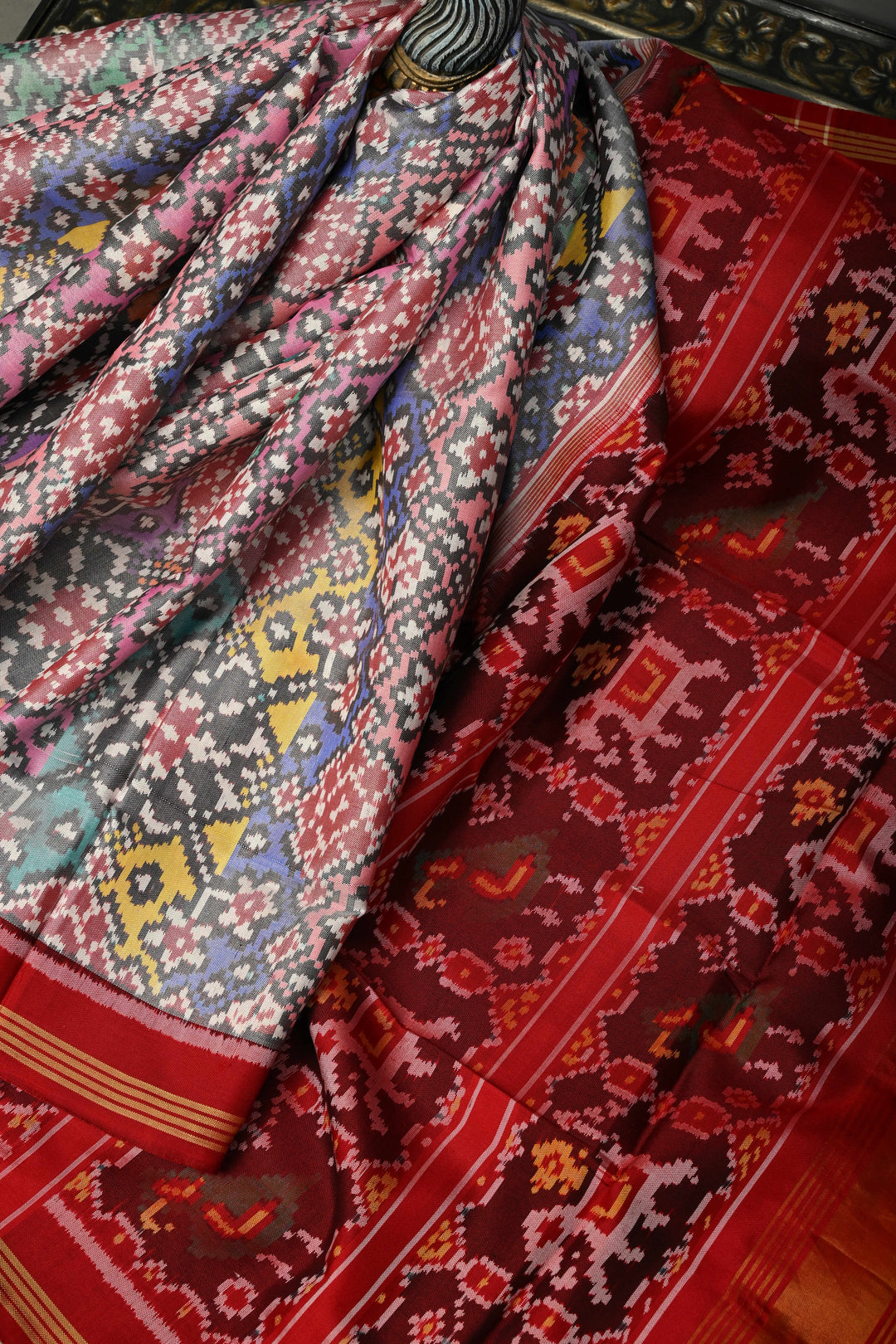 Multicolor Authentic Patan Patola Single Ikkat Pure Silk Saree With Rangkaat Design and Contrast Red Border| SILK MARK CERTIFIED | SHOBITAM