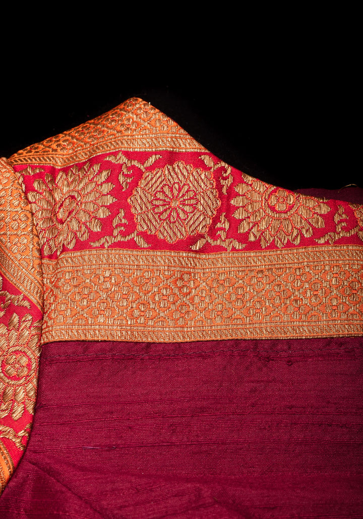 Maroon Pure Raw Silk Blouse With Antique Tone Zari Panel, Customizable, Made to Order
