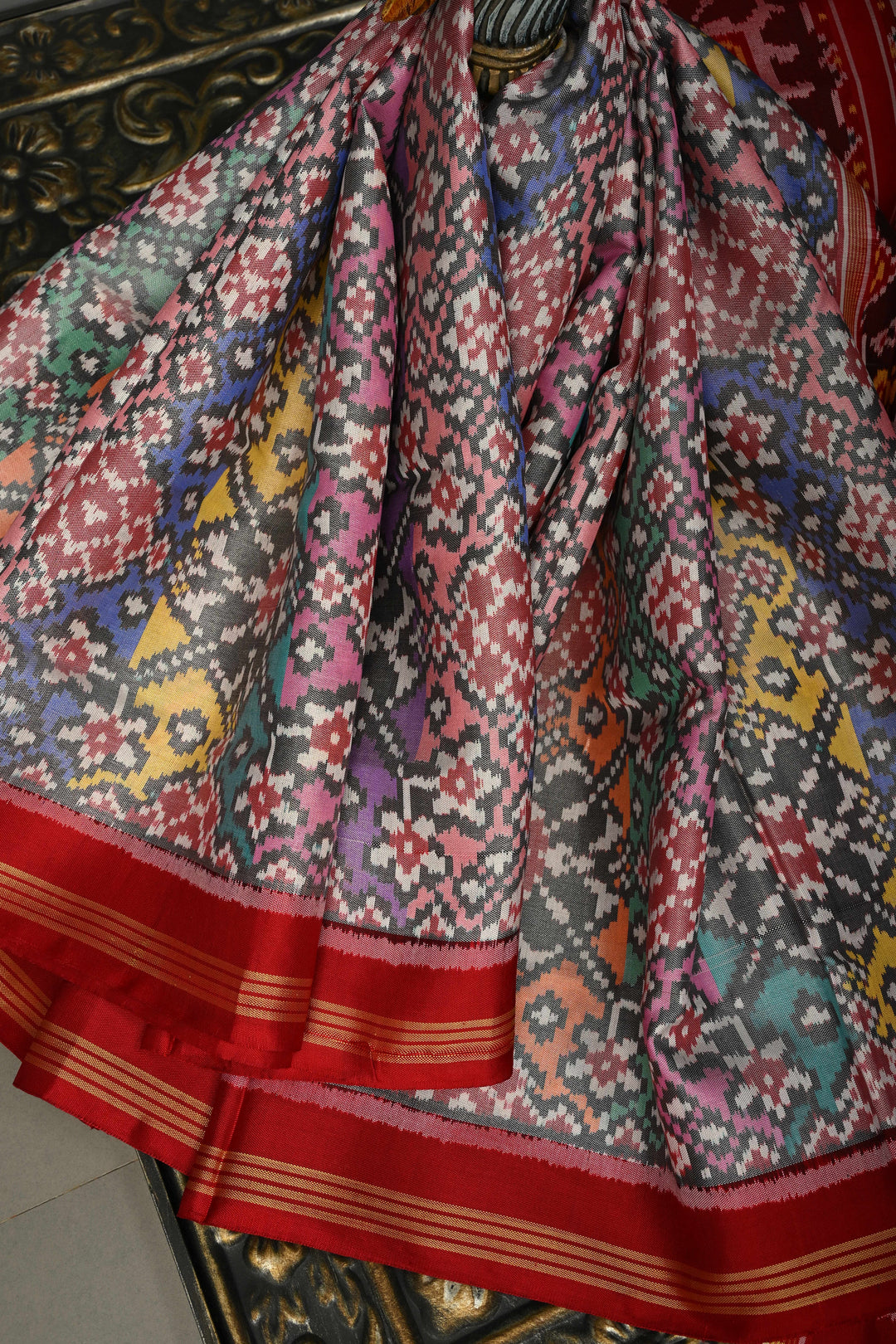 Multicolor Authentic Patan Patola Single Ikkat Pure Silk Saree With Rangkaat Design and Contrast Red Border| SILK MARK CERTIFIED | SHOBITAM