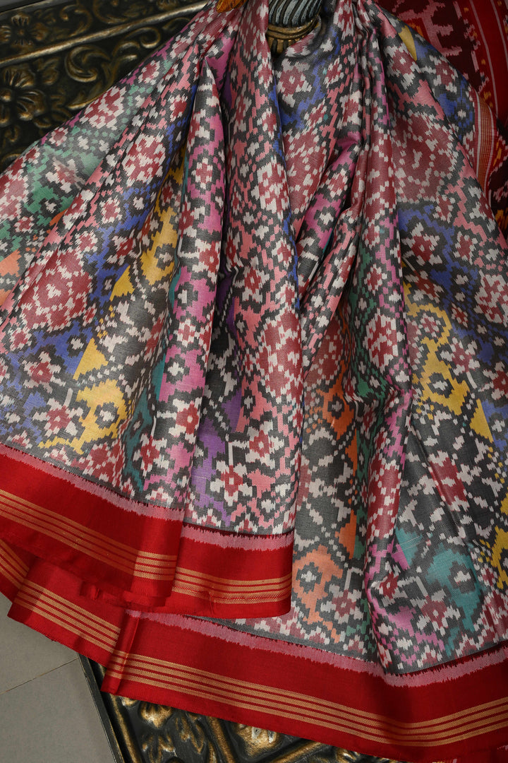 Multicolor Authentic Patan Patola Single Ikkat Pure Silk Saree With Rangkaat Design and Contrast Red Border| SILK MARK CERTIFIED | SHOBITAM