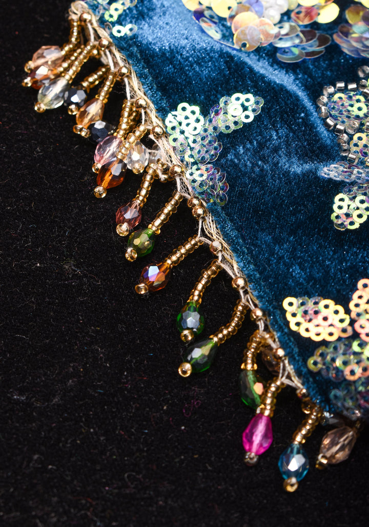 Teal Velvet 3D sequin arch back tie blouse with multicolor danglers,  Made to Order