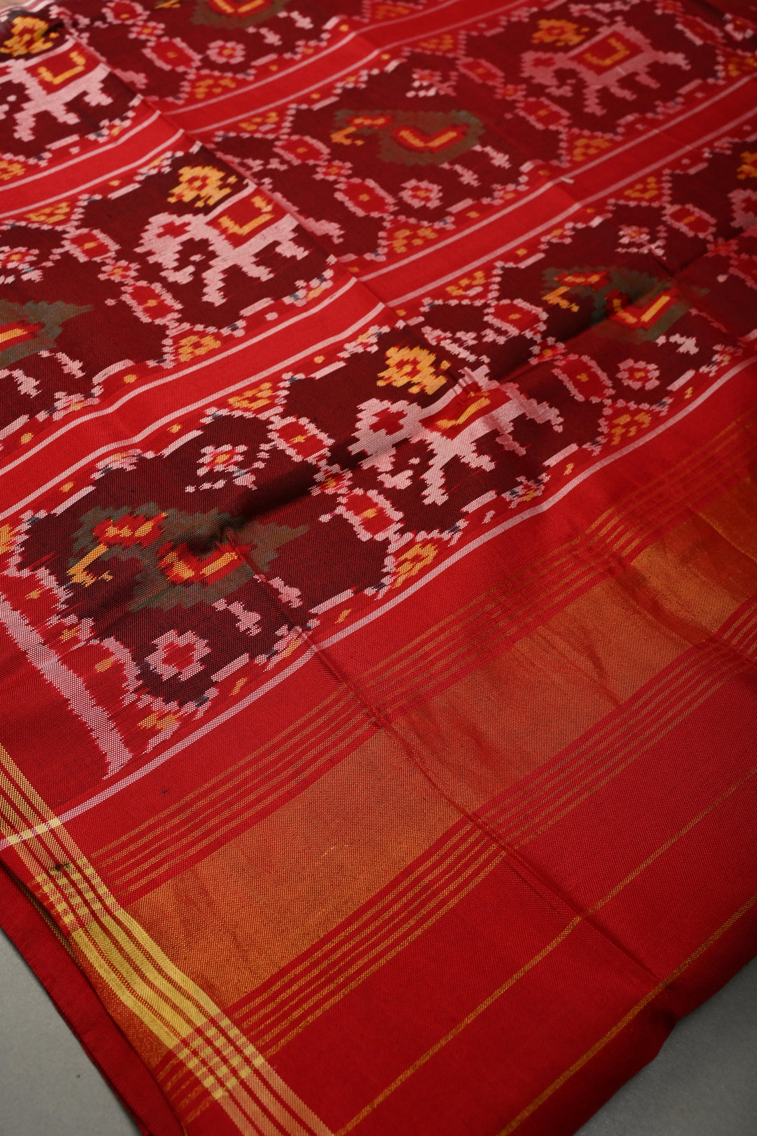 Multicolor Authentic Patan Patola Single Ikkat Pure Silk Saree With Rangkaat Design and Contrast Red Border| SILK MARK CERTIFIED | SHOBITAM