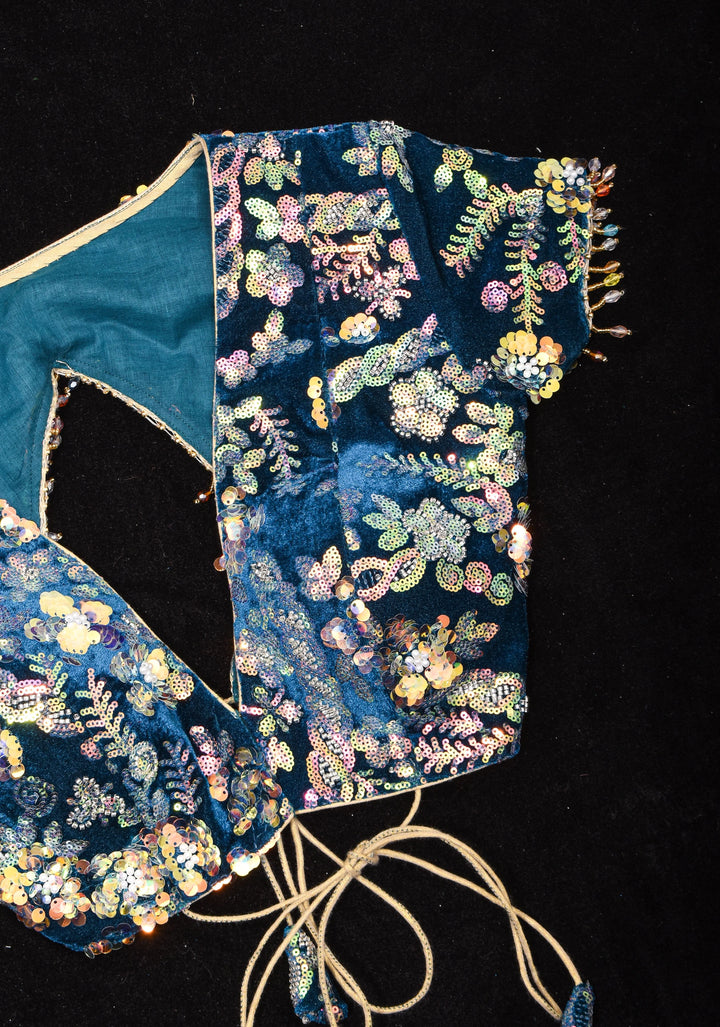 Teal Velvet 3D sequin arch back tie blouse with multicolor danglers,  Made to Order
