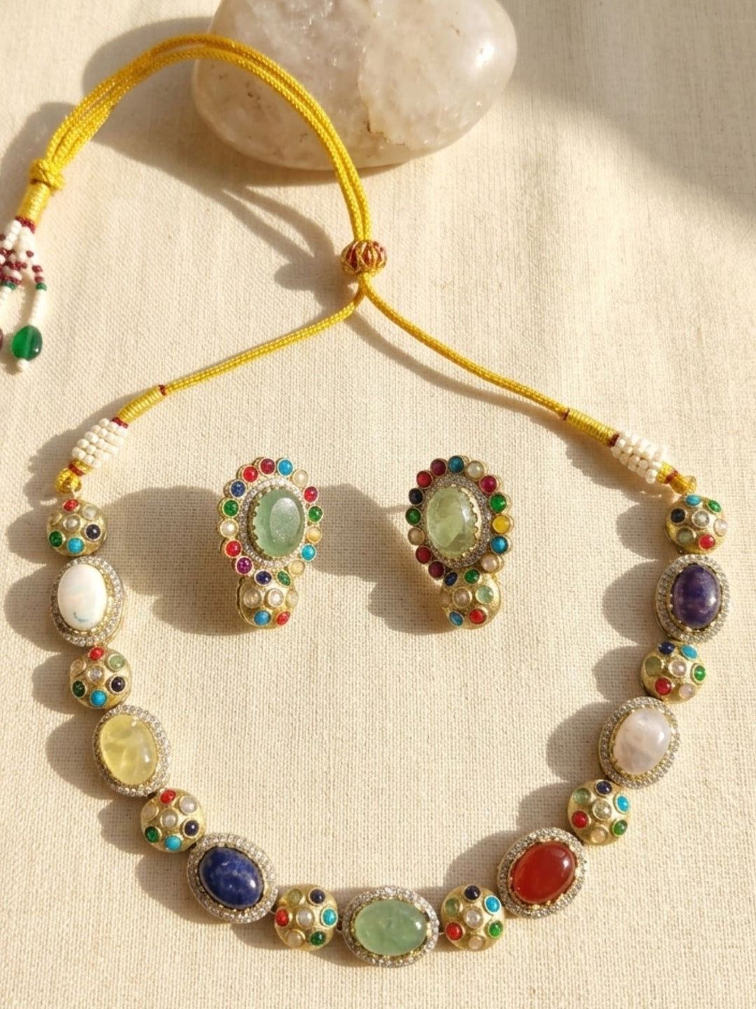 Navratna Kundan Necklace Set with Earrings | SHOBITAM