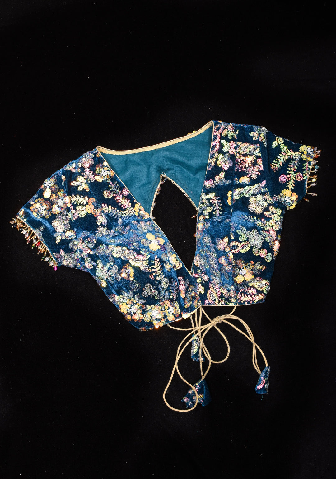 Teal Velvet 3D sequin arch back tie blouse with multicolor danglers,  Made to Order
