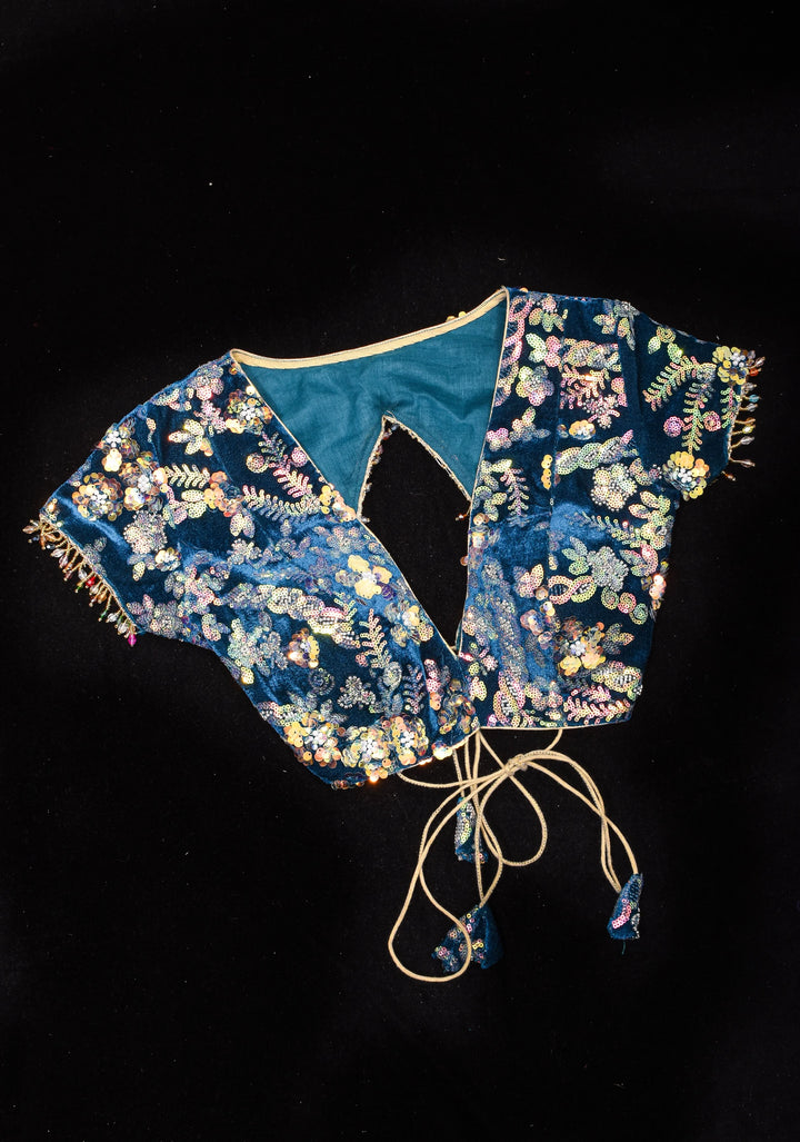 Teal Velvet 3D sequin arch back tie blouse with multicolor danglers,  Made to Order