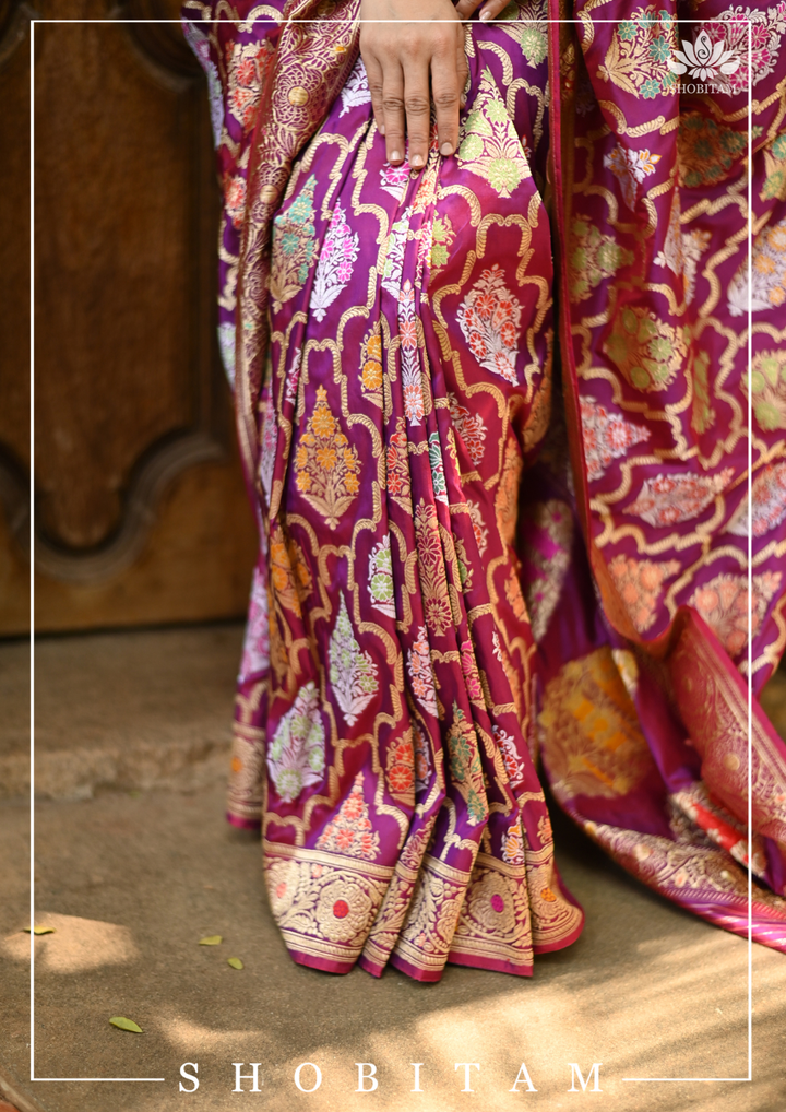 Authentic Kadhuwa Jungla Multi-color Meenakari Jaal Banarasi Silk Saree in Plum with Grand Pallu and Zari  | SILK MARK CERTIFIED